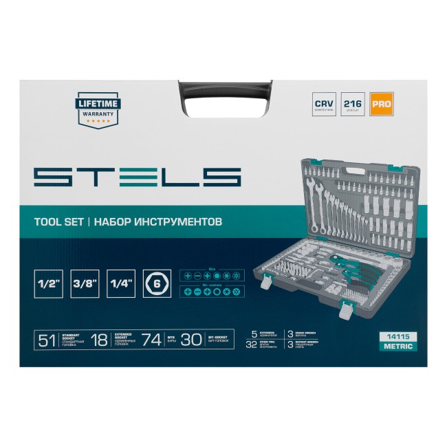 Набор инструментов 1/4", 3/8", 1/2", Cr-V 216 предметов Stels