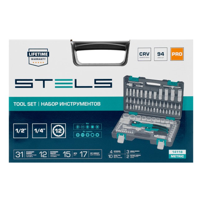 Набор инструментов 1/2", 1/4", CrV 12 гранные головки 94 предмета Stels