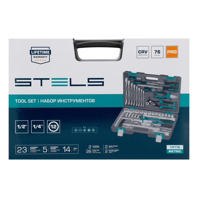 Набор инструментов, 1/2", 1/4", CrV 76 предметов Stels