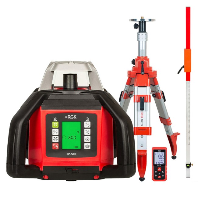 Комплект: ротационный нивелир RGK SP-500 + элевационный штатив RGK SH-170 + рейка RGK LR-2 + дальномер RGK DL100 Комплект: ротационный нивелир RGK SP-500 + элевационный штатив RGK SH-170 + рейка RGK LR-2 + дальномер RGK DL100