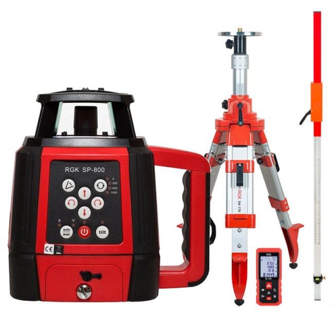 Комплект: ротационный нивелир RGK SP-800 + элевационный штатив RGK SH-170 + рейка RGK LR-2 + дальномер RGK DL100 Комплект: ротационный нивелир RGK SP-800 + элевационный штатив RGK SH-170 + рейка RGK LR-2 + дальномер RGK DL100