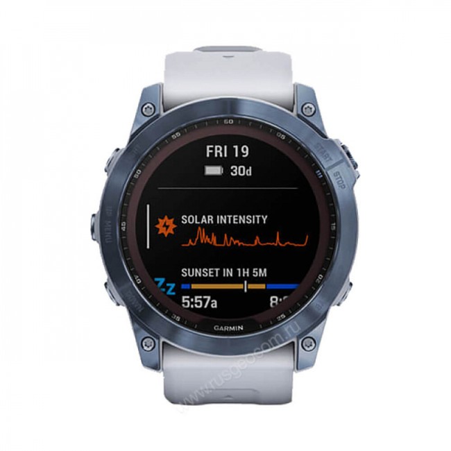 Часы Garmin Fenix 7X Sapphire Solar титановый синий минерал DLC с белым ремешком